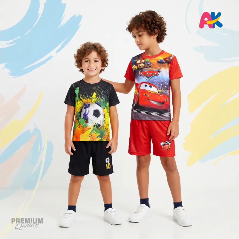 Football & Cars 95 3D Printed T-Shirt and Shorts 2 Sets Combo for Kids