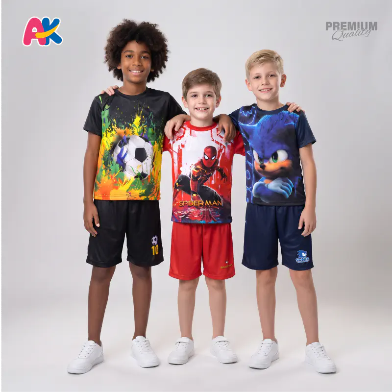 Football, Spiderman Red & Sonic 3D Printed T-Shirt and Shorts 3 Sets Combo for Kids