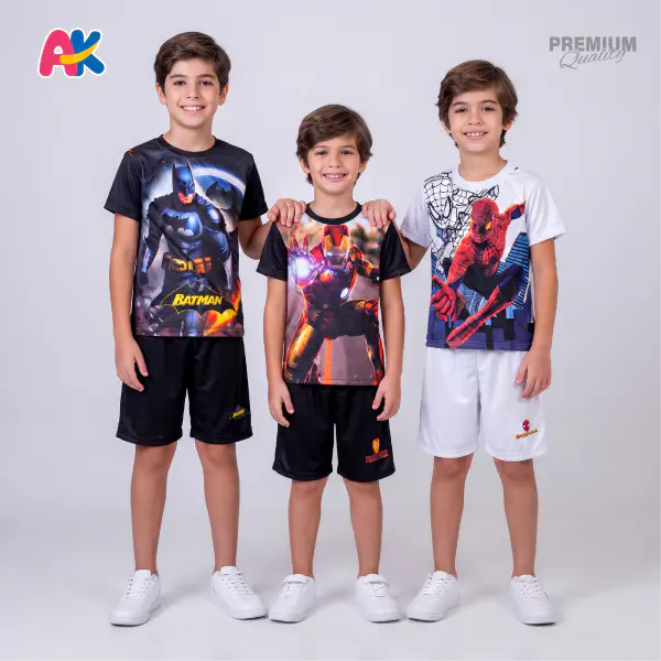 Batman, Iron Man & Spiderman White 3D Printed T-Shirt and Shorts 3 Sets Combo for Kids