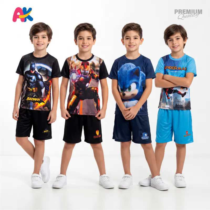 Batman, Iron Man, Sonic & Spiderman Blue 3D T-Shirt and Shorts 4 Sets Combo for Kids