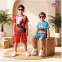 Spiderman Red & Roblox 3D Printed T-Shirt and Shorts 2 Sets Combo for Kids
