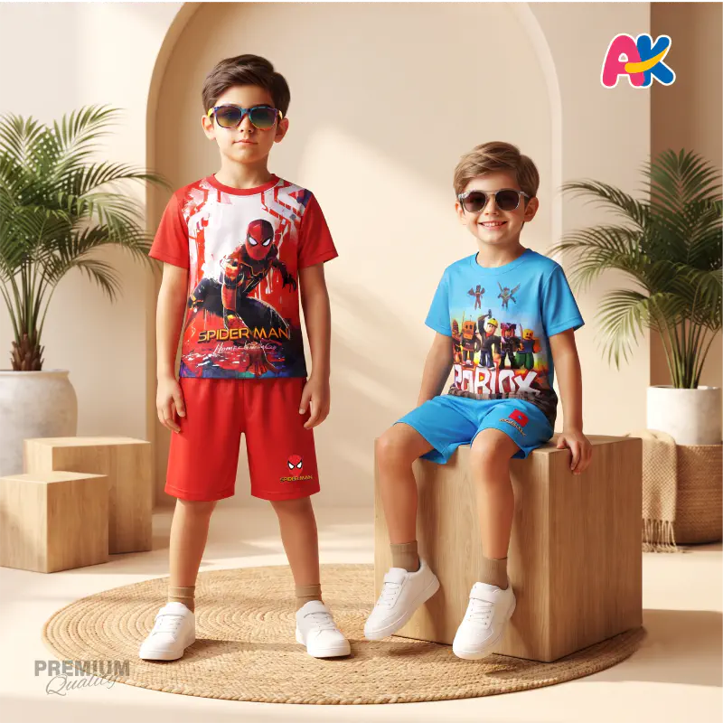 Spiderman Red & Roblox 3D Printed T-Shirt and Shorts 2 Sets Combo for Kids
