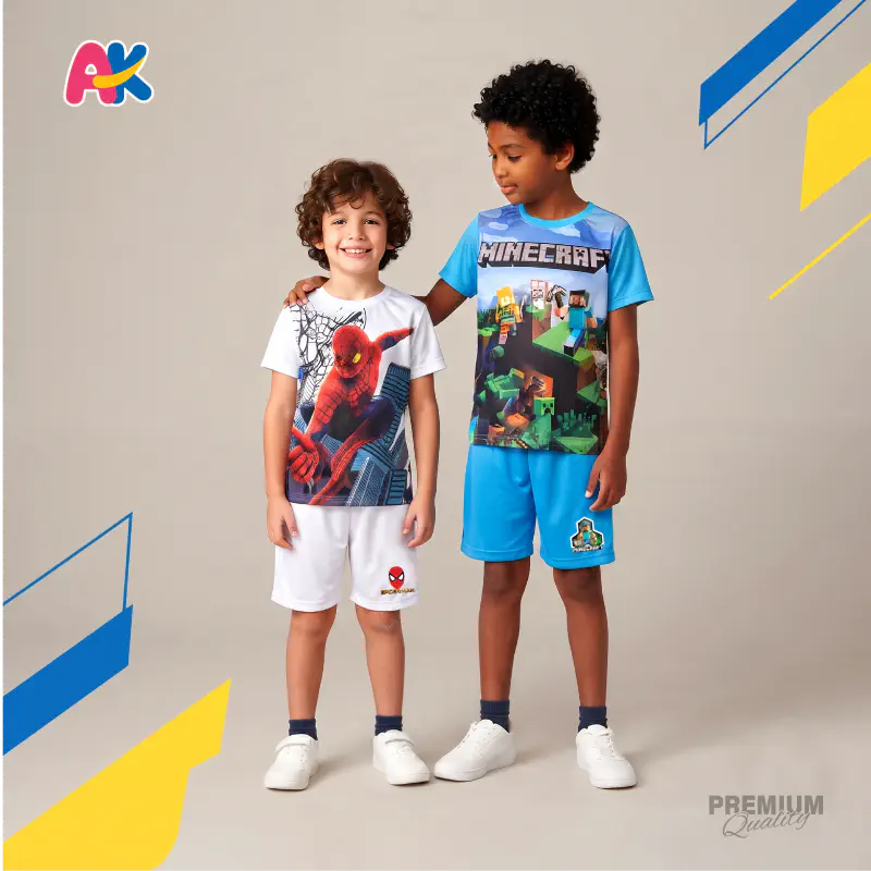 Minecraft & Spiderman white 3D Printed T-Shirt and Shorts 2 Sets Combo for Kids