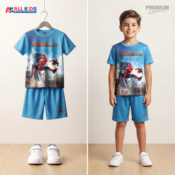 Favorite Spiderman Blue Kids 3D Printed T-Shirt and Shorts Set 