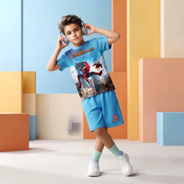 Spider-Man Sky Blue 3D Printed T-Shirt and Shorts Set for Kids