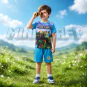 Minecraft & Spiderman white 3D Printed T-Shirt and Shorts 2 Sets Combo for Kids