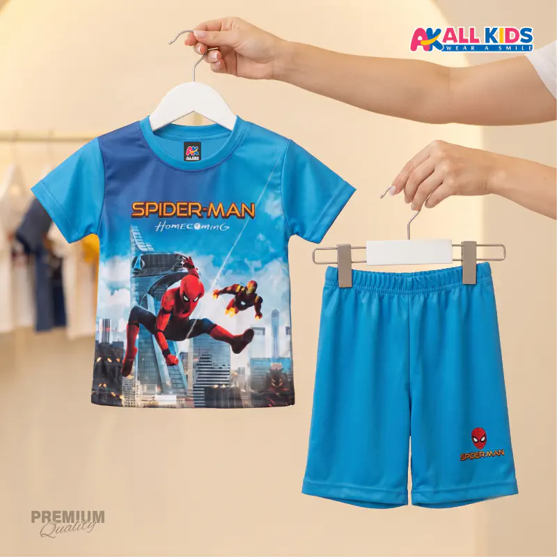 Spider-Man Sky Blue 3D Printed T-Shirt and Shorts Set for Kids