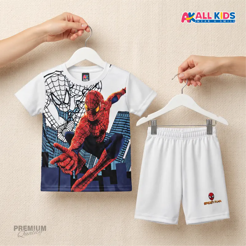 Spider-Man White 3D Printed T-Shirt and Shorts Set for Kids