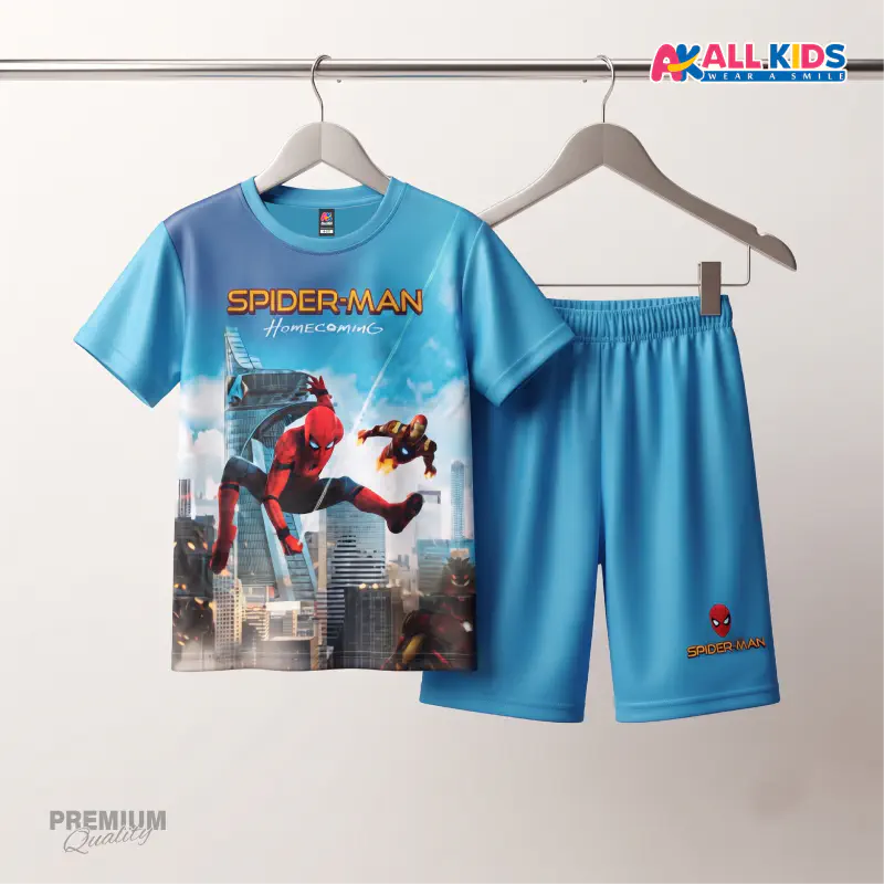 Super Spiderman blue Kids 3D Printed T-Shirt & Shorts Set
