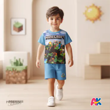 Unique Minecraft Blue Kids 3D Printed T-Shirt and Shorts Set