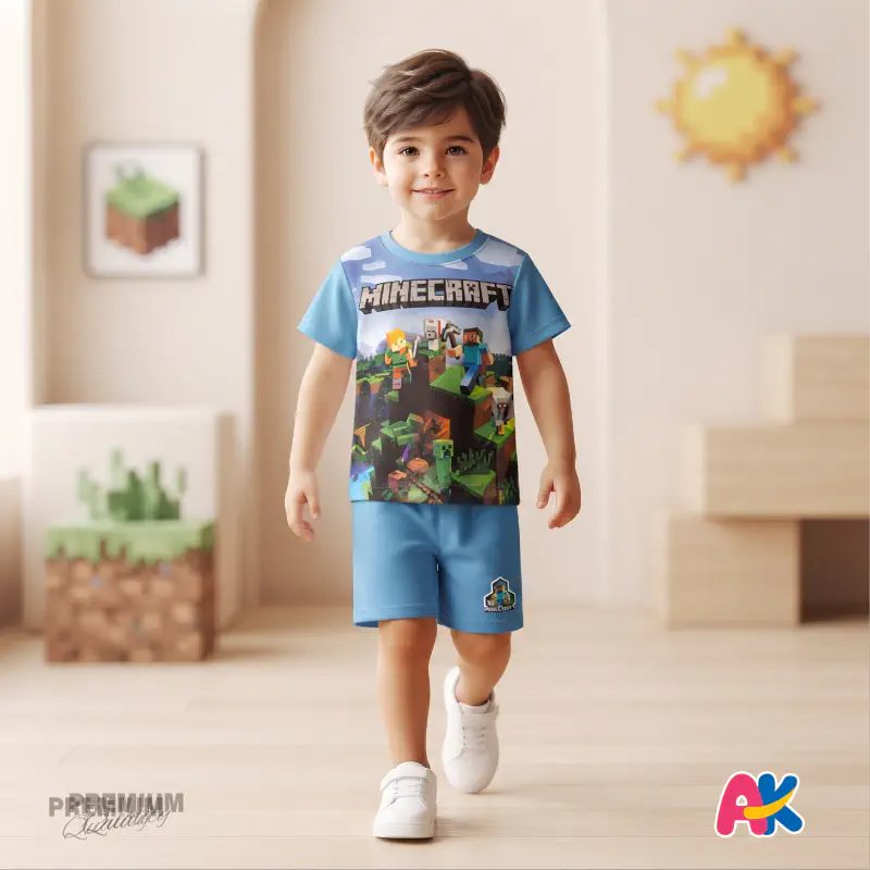 Unique Minecraft Blue Kids 3D Printed T-Shirt and Shorts Set