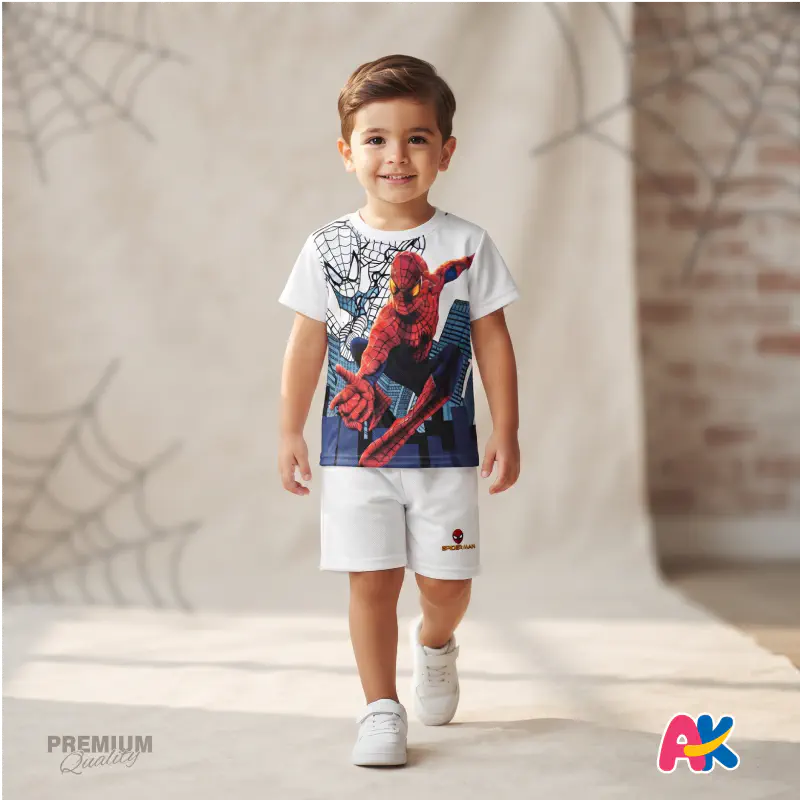 Unique Spiderman White Kids 3D Printed T-Shirt and Shorts Set