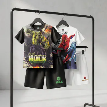 Unique Hulk & Spiderman White Kids 3D Printed T-Shirt and Shorts Combo Set