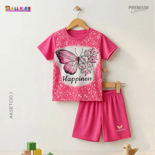  T-shirt & half pant set butterfly pink design-AKSETC10.1