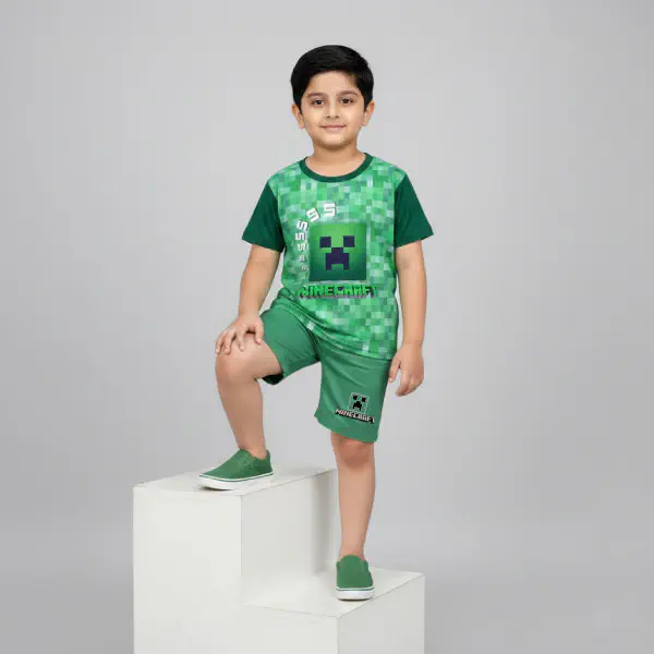  T-shirt & half pant set minecraft green design-AKSETC3.2