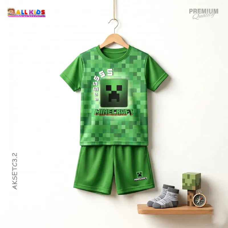  T-shirt & half pant set minecraft green design-AKSETC3.2