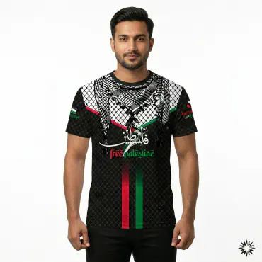 Free Palestine Islamic Black Four Part Half Sleeve Sublimation Print T- Shirt FP02
