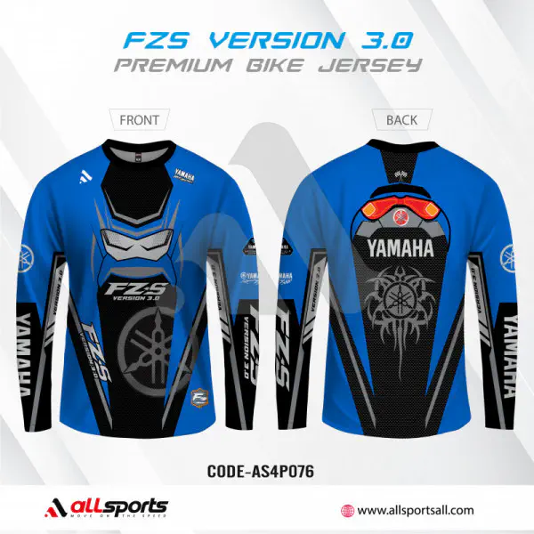 Yamaha Fz-S Version 3 Blue Bike Full Sleeve Four Part Sublimation Print For Premium Bike T-Shirt -AS16