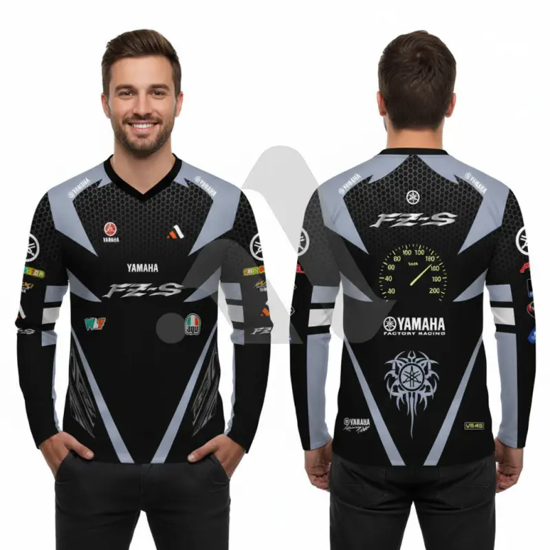 Yamaha Fz-S Version 2 Black Bike Full Sleeve Four Part Sublimation Print For Premium Bike T-Shirt - AS03