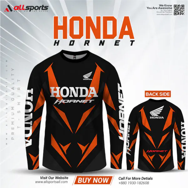 Honda Hornet Orange Bike Full Sleeve Four Part Sublimation Print For Premium Bike T-Shirt - AS25