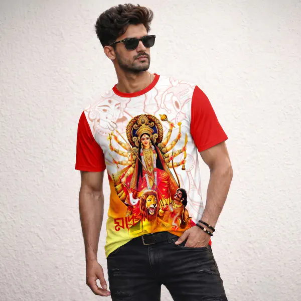 Durga Puja Men's Red Front Part Half Sleeve Sublimation Print T- Shirt -ASFP100