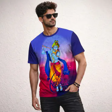 Durga Puja Krishna Men's Navy Front Part Half Sleeve Sublimation Print T-Shirt-ASFP092