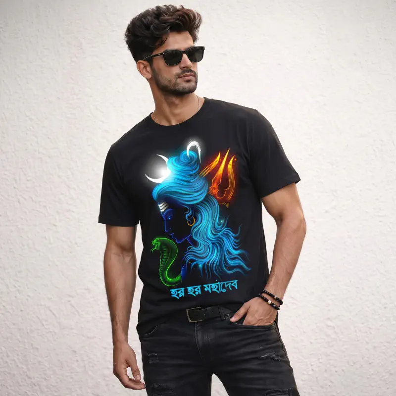 Durga Puja Hor Hor Mohadev Men's Black Front Part Half Sleeve Sublimation Print T- Shirt - ASFP091