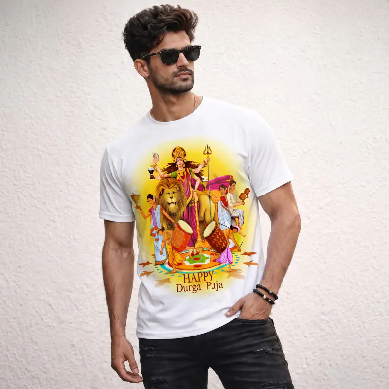 Durga Puja Men's White Front Part Half Sleeve Sublimation Print T- Shirt-ASFP104