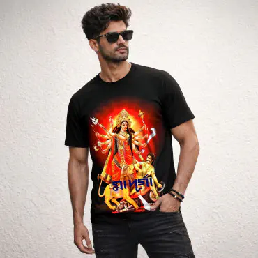 Durga Puja Men's black Front Part Half Sleeve Sublimation Print T- Shirt-ASFP102