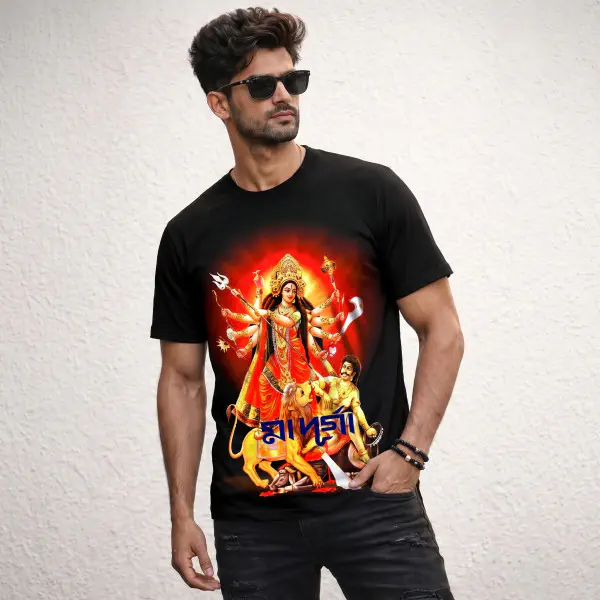 Durga Puja Men's black Front Part Half Sleeve Sublimation Print T- Shirt-ASFP102