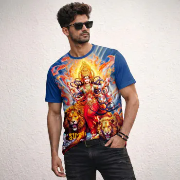 Durga Puja Men's Navy Front Part Half Sleeve Sublimation Print T- Shirt -ASFP101