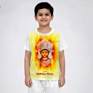 HAPPY DURGA PUJA WHITE KIDS 3D T-SHIRT HALF SLEEVE SUBLIMATION AFP002