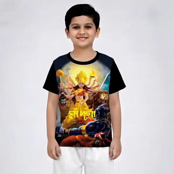 MA DURGA PUJA BLACK KIDS 3D T-SHIRT HALF SLEEVE (SUBLIMATION) AFP007