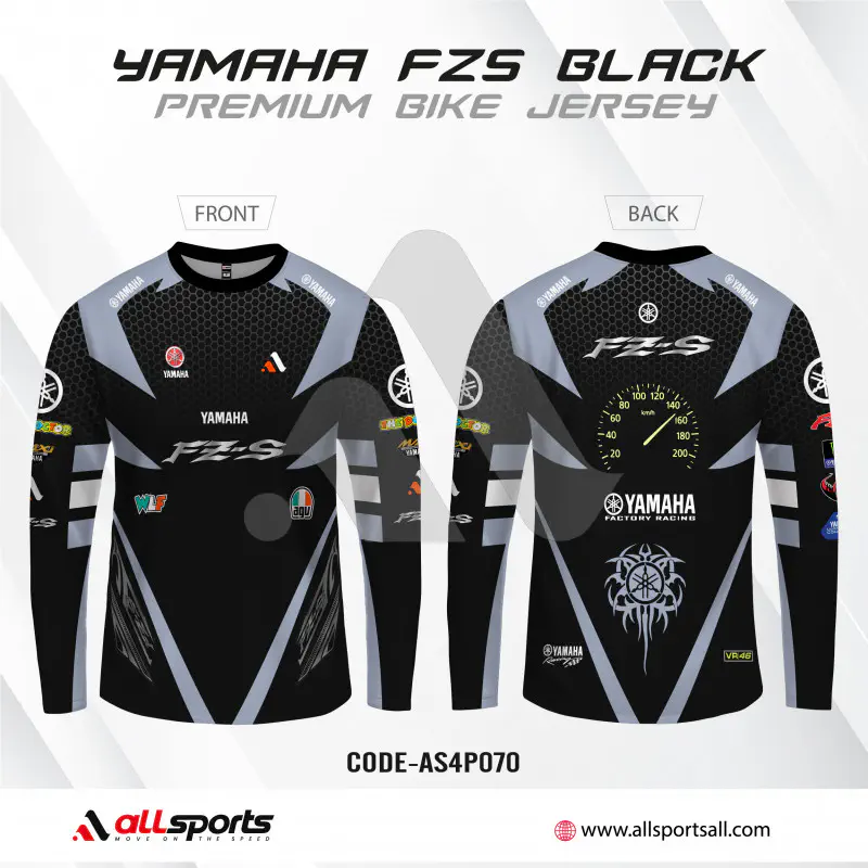 YAMAHA FZSV2 BLACK T-SHIRT FULL SLEEVE (4 PART SUBLIMATION PRINT)-AS4P070