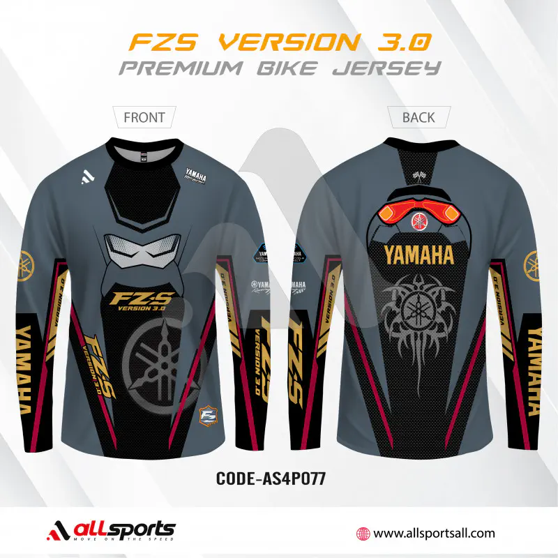 YAMAHA FZS VERSION 3.0 GREY COLOUR BIKE T-SHIRT FULL SLEEVE (4 PART SUBLIMATION PRINT)-AS4P077