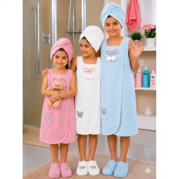 Kids Soft Bath Towel Dress Set with Head Towel & Slippers