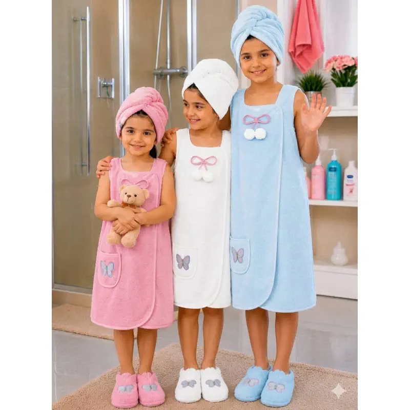 Kids Soft Bath Towel Dress Set with Head Towel & Slippers