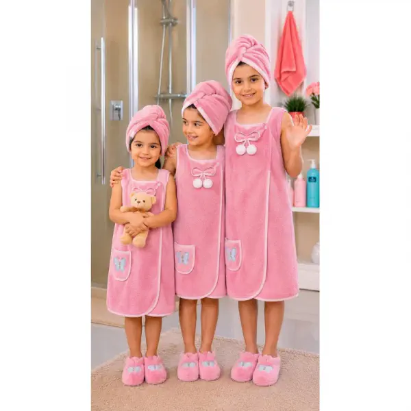 Kids Soft Bath Towel Dress Set with Head Towel & Slippers