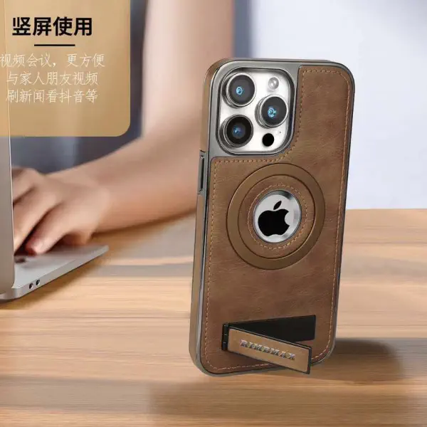 Mattel MagSafe JINDUKA  Stand Logo Hole Leather Case PU Leather Electroplated Bezel Case.