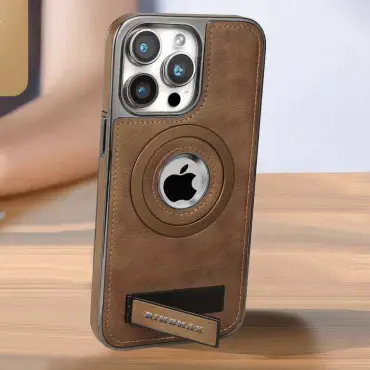 Mattel MagSafe JINDUKA  Stand Logo Hole Leather Case PU Leather Electroplated Bezel Case.আইফোন কভার মোবাইল না 