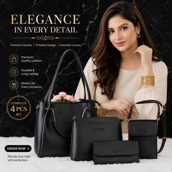 4 PCS Leather LADIES FASHIONABLE COMBO Bag (Black)