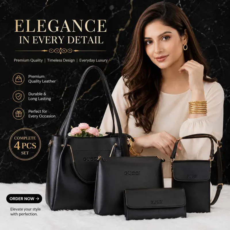 4 PCS Leather LADIES FASHIONABLE COMBO Bag (Black)