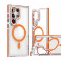 For Samsung Galaxy Ultra Magnetic Case TPU Acrylic Clear Phone Back Cover with Lens Protector Kickstand - Orange
