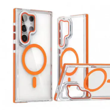 For Samsung Galaxy Ultra Magnetic Case TPU Acrylic Clear Phone Back Cover with Lens Protector Kickstand - Orange