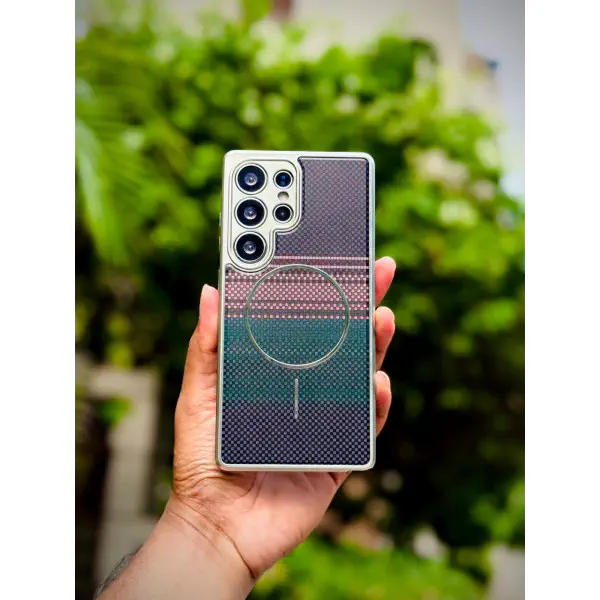 Luxo Brand Carbon Fiber Striped Electroplated Silver Magnetic Case For Samsung Galaxy