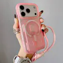 For iPhone Large Window Matte Electroplated TPU MagSafe Phone Case with Hand Strap (Orange, Pink)