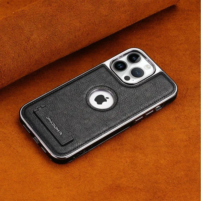 High-End Electroplating bracket Leather Case For iPhone 12 To 16 Pro Max