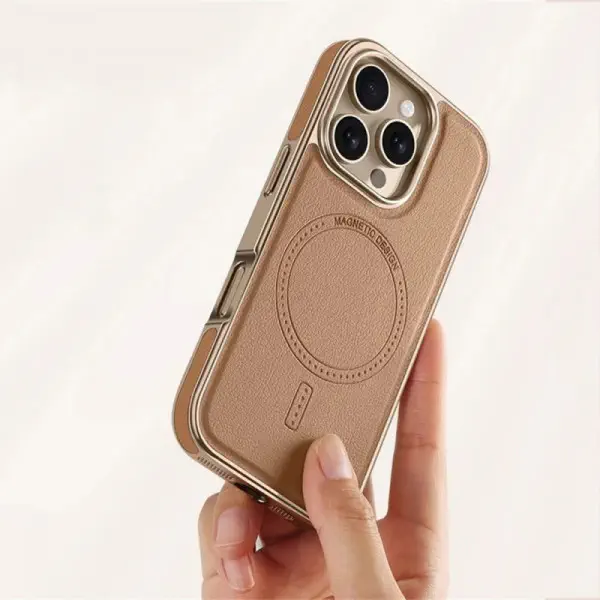Luxury Business Plating Frame Leather Magnetic Wireless Charger Case for iPhone 13 To 16 Pro Max