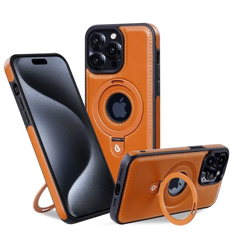 Suitable Magsafe Supported Ring Stand Business leather Case For Iphone 12 To 16 Pro Max