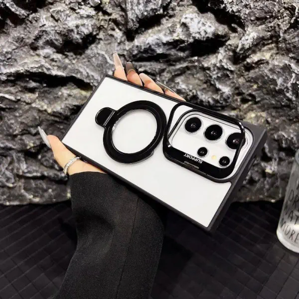 Premium Hard Rubber Bumper Camera & Magsafe Double Stand Case with Extra Lens Protector for Samsung Galaxy